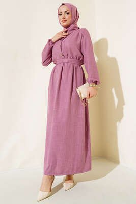 Pazarium - Beli Lastikli Kuşaklı Keten Elbise Gül Kurusu