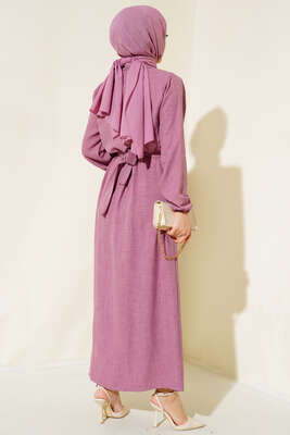 Beli Lastikli Kuşaklı Keten Elbise Gül Kurusu - Thumbnail