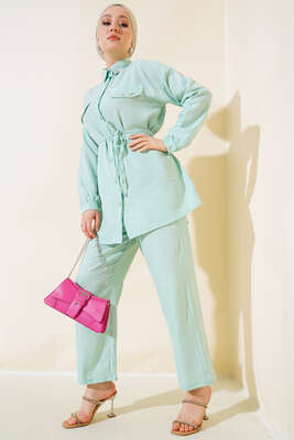Pazarium - Cepleri Taş Detaylı Keten İkili Takım Mint