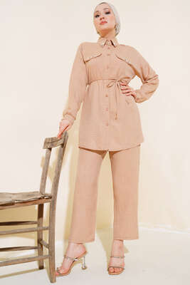 Pazarium - Cepleri Taş Detaylı Keten İkili Takım Latte