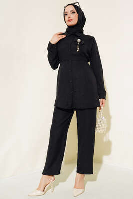 Bel Kuşaklı Keten İkili Takım Siyah - Thumbnail