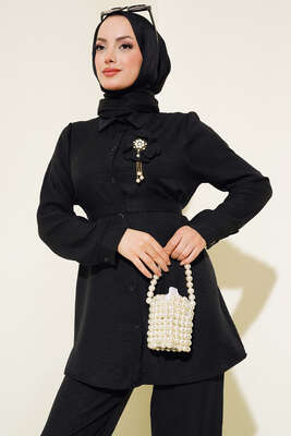 Bel Kuşaklı Keten İkili Takım Siyah - Thumbnail