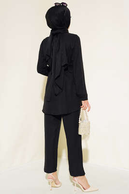 Bel Kuşaklı Keten İkili Takım Siyah - Thumbnail