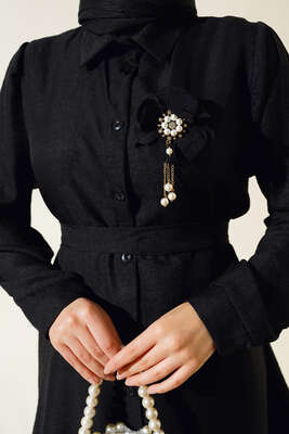 Bel Kuşaklı Keten İkili Takım Siyah - Thumbnail