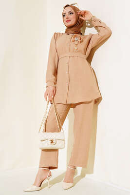 Pazarium - Bel Kuşaklı Keten İkili Takım Latte