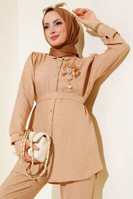 Bel Kuşaklı Keten İkili Takım Latte - Thumbnail