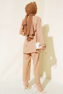 Bel Kuşaklı Keten İkili Takım Latte - Thumbnail