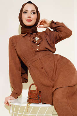 Bel Kuşaklı Keten İkili Takım Kahve - Thumbnail