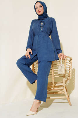 Bel Kuşaklı Keten İkili Takım İndigo - Thumbnail