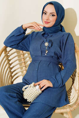 Bel Kuşaklı Keten İkili Takım İndigo - Thumbnail