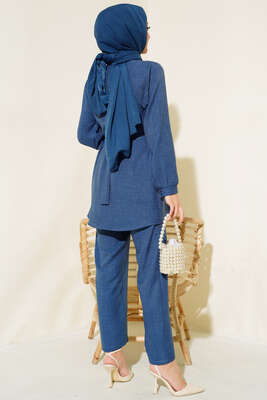 Bel Kuşaklı Keten İkili Takım İndigo - Thumbnail