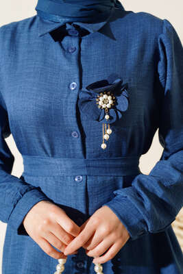 Bel Kuşaklı Keten İkili Takım İndigo - Thumbnail