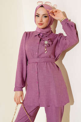 Bel Kuşaklı Keten İkili Takım Gül Kurusu - Thumbnail