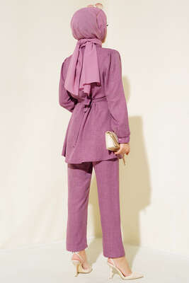 Bel Kuşaklı Keten İkili Takım Gül Kurusu - Thumbnail