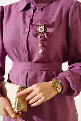 Bel Kuşaklı Keten İkili Takım Gül Kurusu - Thumbnail