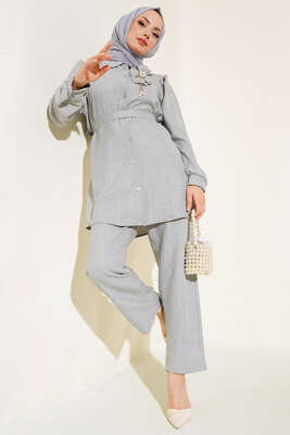 Pazarium - Bel Kuşaklı Keten İkili Takım Gri