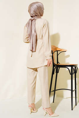 Bel Kuşaklı Keten İkili Takım Bej - Thumbnail