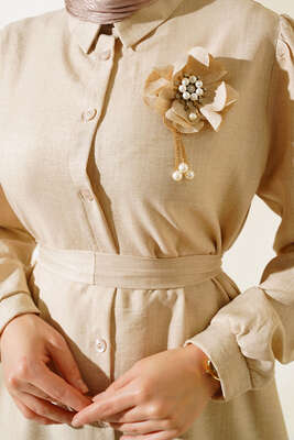 Bel Kuşaklı Keten İkili Takım Bej - Thumbnail