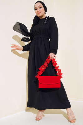 Kol Bilekleri Düğmeli Keten Elbise Siyah - Thumbnail