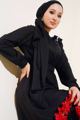 Kol Bilekleri Düğmeli Keten Elbise Siyah - Thumbnail