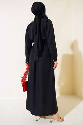 Kol Bilekleri Düğmeli Keten Elbise Siyah - Thumbnail