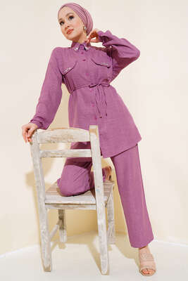 Pazarium - Cepleri Taş Detaylı Keten İkili Takım Gül Kurusu