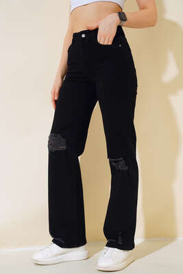 Pazarium - Diz Lazerli Kot Pantolon Siyah 