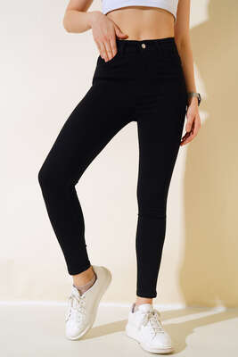 Pazarium - Yüksek Bel Dar Paça Kot Pantolon Siyah 