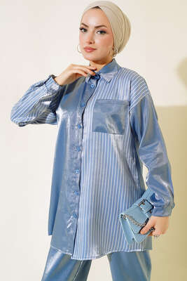 Tek Taraflı Çizgili Takım İndigo - Thumbnail