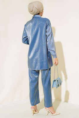 Tek Taraflı Çizgili Takım İndigo - Thumbnail