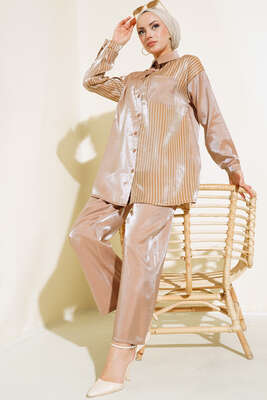 Tek Taraflı Çizgili Takım Latte - Thumbnail