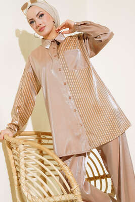 Tek Taraflı Çizgili Takım Latte - Thumbnail