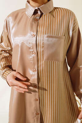 Tek Taraflı Çizgili Takım Latte - Thumbnail