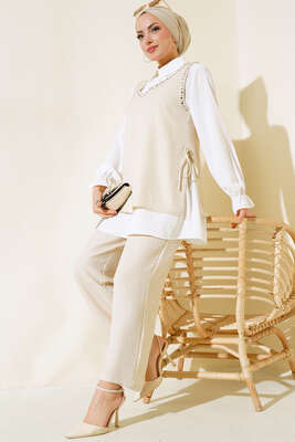 Pazarium - Süveter Taş Detaylı Üçlü Takım Bej 