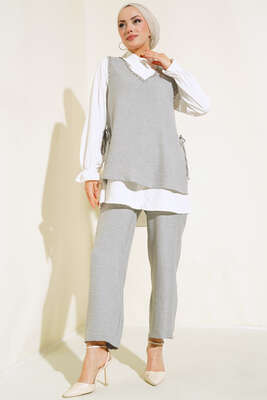 Pazarium - Süveter Taş Detaylı Üçlü Takım Gri 