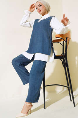 Pazarium - Süveter Taş Detaylı Üçlü Takım İndigo 