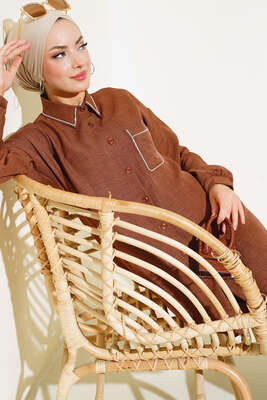 Pazarium - Yaka Ve Cep Taşlı Keten Takım Kahve