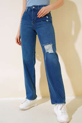 Pazarium - Palazzo Lazerli Kot Pantolon Mavi