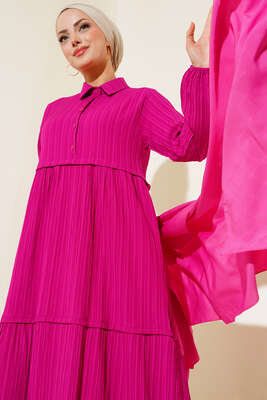 Gömlek Yaka Pileli Elbise Menekşe - Thumbnail