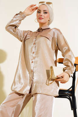 Çizgili Parlak İkili Takım Latte - Thumbnail