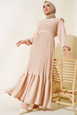 Pazarium - Kuşaklı Pliseli Prenses Elbise Taş