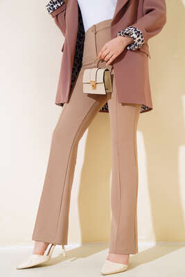 Tek Düğmeli Çımalı Pantolon Vizon - Thumbnail