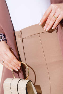 Tek Düğmeli Çımalı Pantolon Vizon - Thumbnail