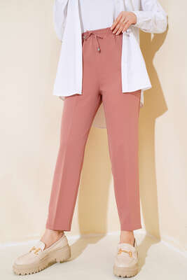 İp Detaylı Beli Lastikli Dar Paça Gül Kurusu Pantolon - Thumbnail