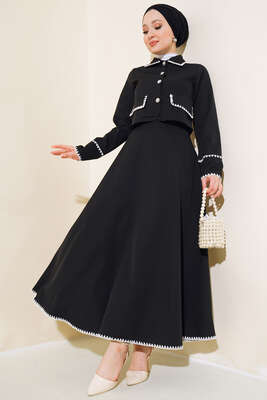 Kenarları Dikişli Ceketli İkili Takım Siyah - Thumbnail