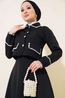 Kenarları Dikişli Ceketli İkili Takım Siyah - Thumbnail