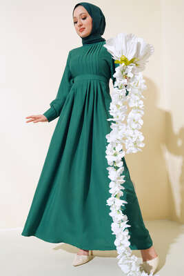 Önü Yarım Pileli Elbise Zümrüt - Thumbnail