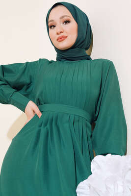 Önü Yarım Pileli Elbise Zümrüt - Thumbnail