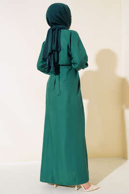 Önü Yarım Pileli Elbise Zümrüt - Thumbnail