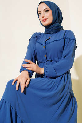 Pazarium - Önü Yarım Düğmeli Kat Kat Elbise İndigo